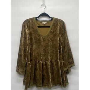 POL Women’s Olive Green Burnout Velvet Pullover Babydoll Oversized Top Size S